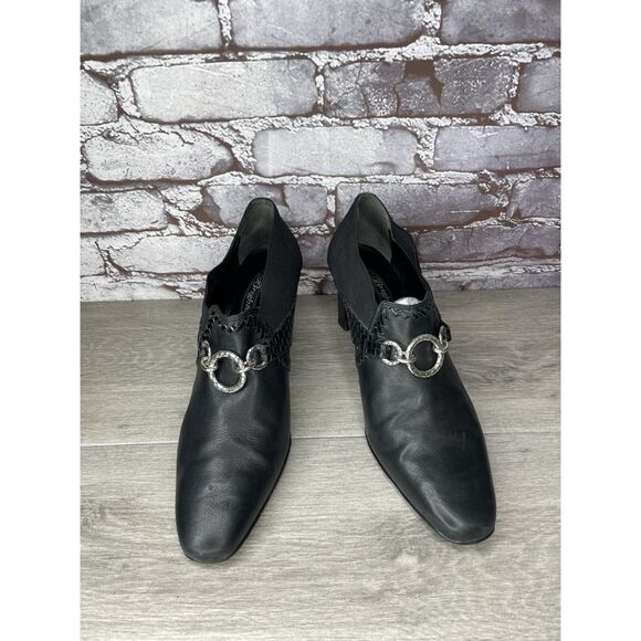 Brighton Rizzo Black Leather Silver Elastic Heel Ankle Booties Women 10M US/41EU - Picture 12 of 16